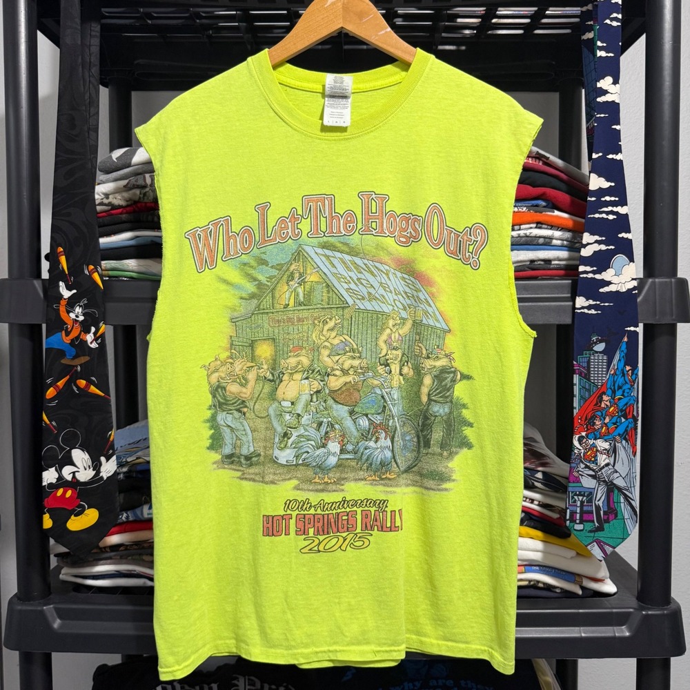 2010s Neon Hot Springs Rally Arkansas Motorcycle Graphic Muscle Tee Large
